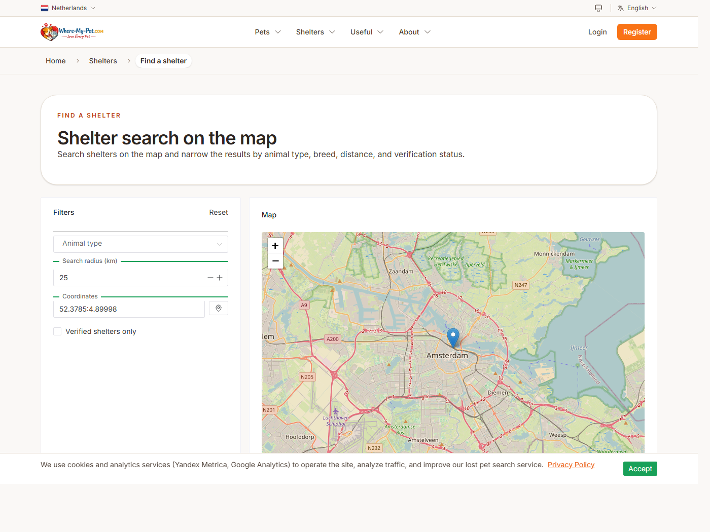 Каталог приютов Where My Pet с картой, фильтрами и результатами поиска